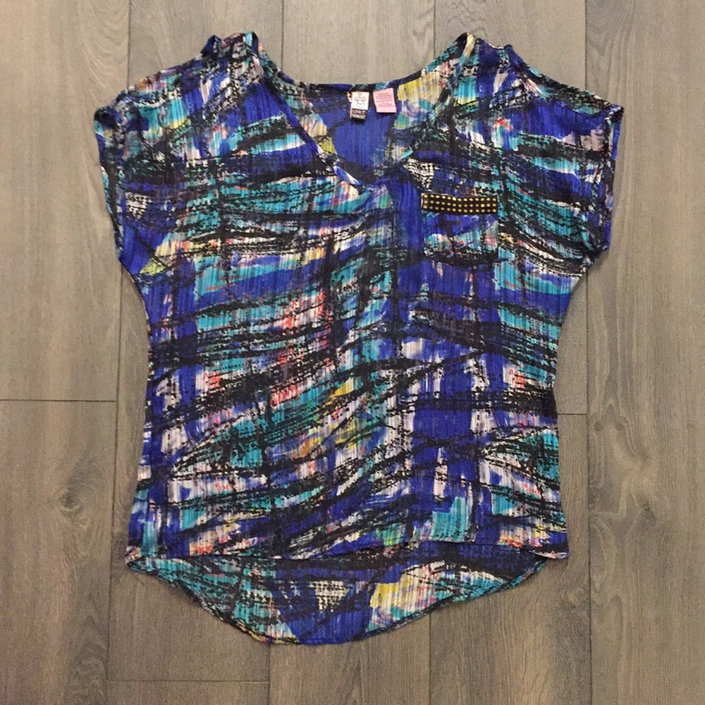 Sheer Blue and Black Top with Shoulder Cut-Outs